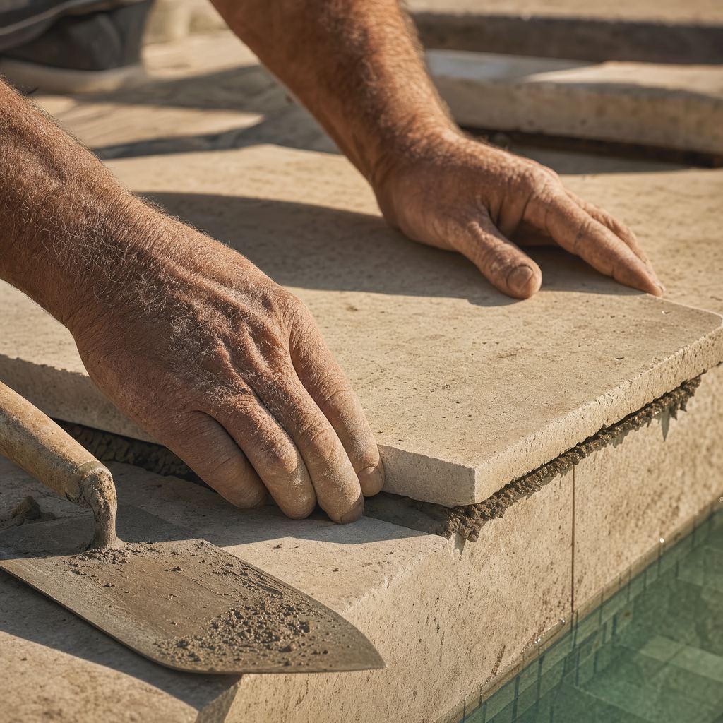 Hands setting a limestone coping stone on a thin mortar line
