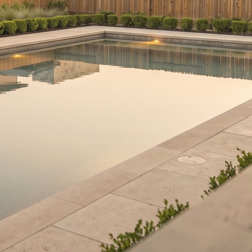 Glass-still pool water reflecting the evening sky