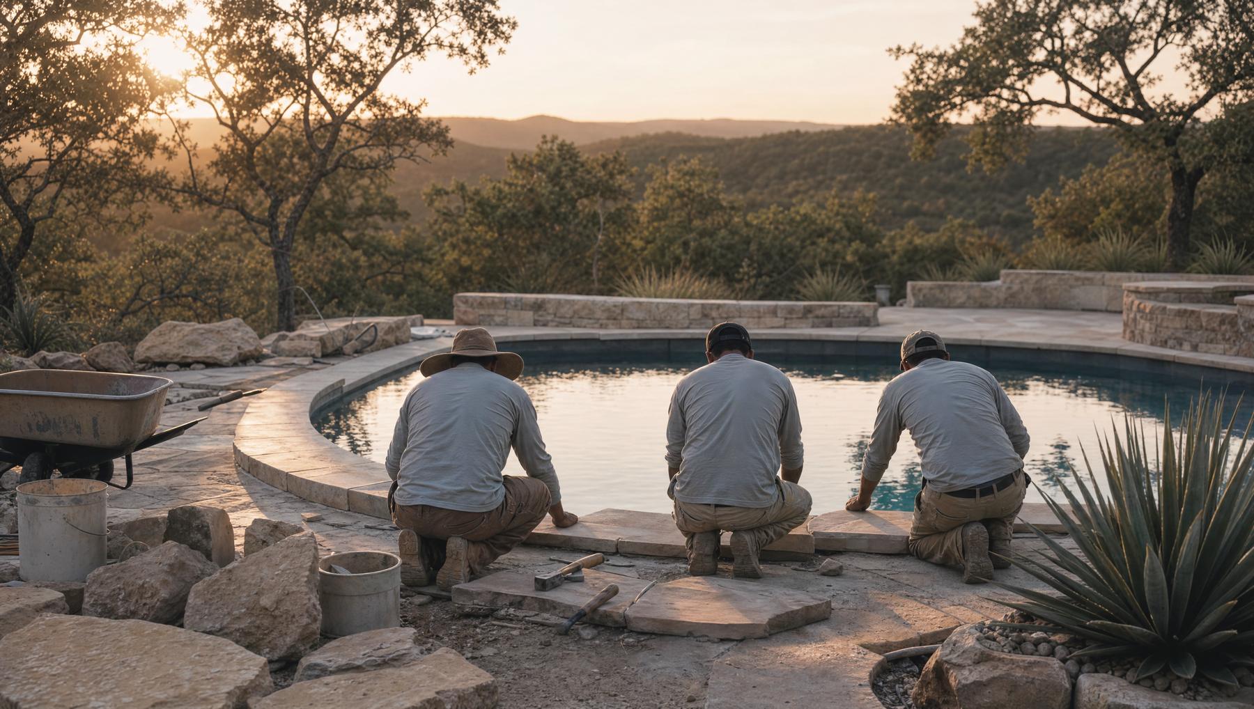 The Stillwater crew setting coping together, backs to the camera, late light