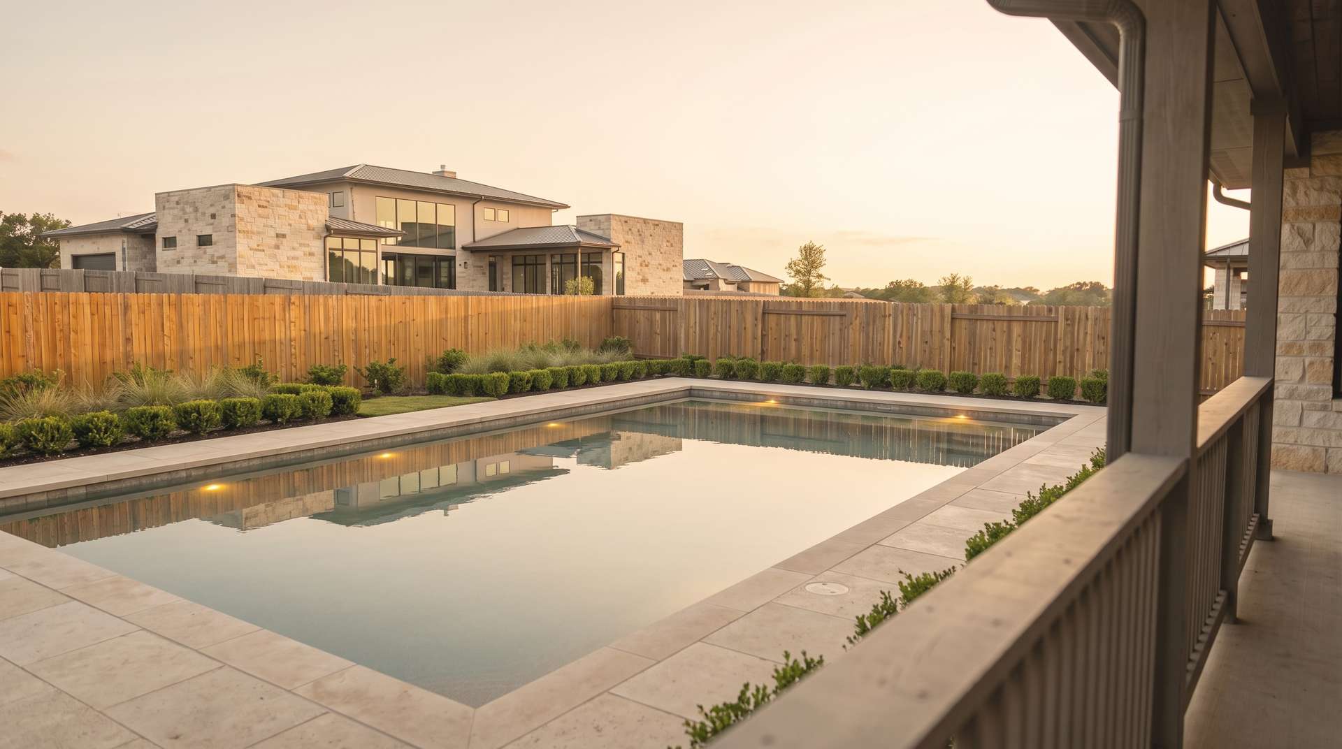 A bare Hill Country backyard becomes a completed pool at dusk, water glass-still