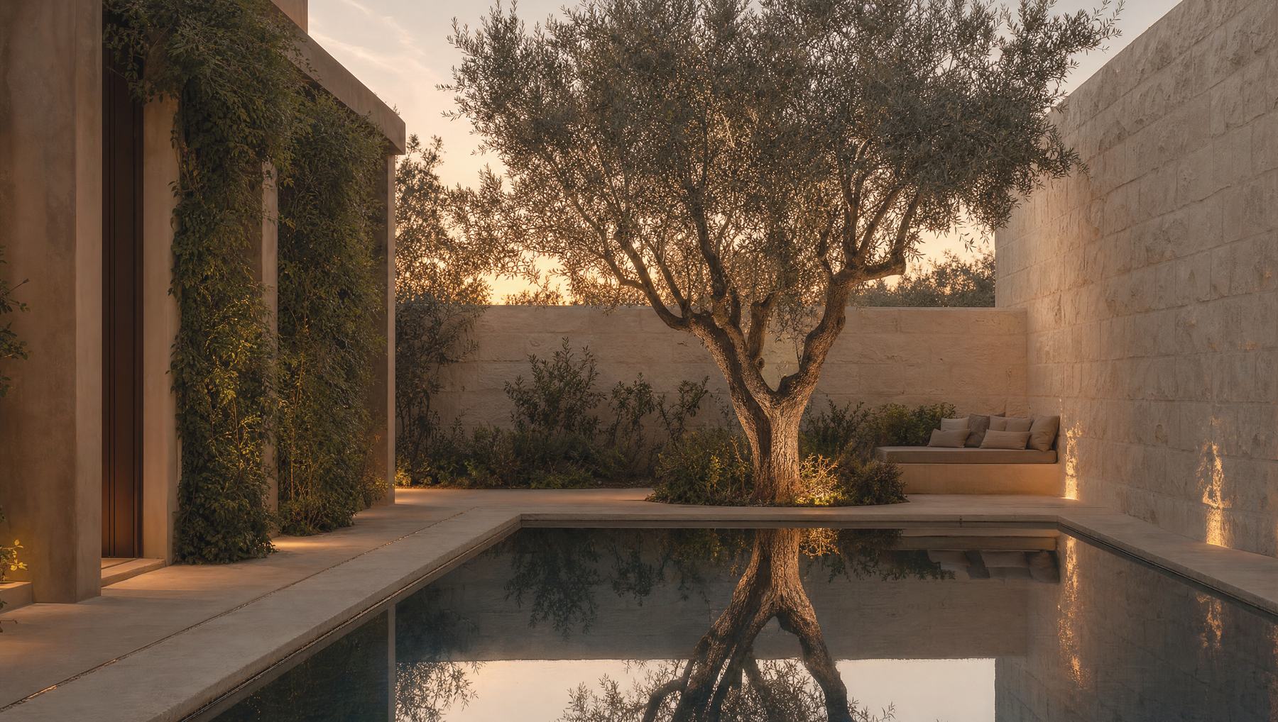 The Courtyard · A plunge pool in a limestone room. One olive tree, one mirror.