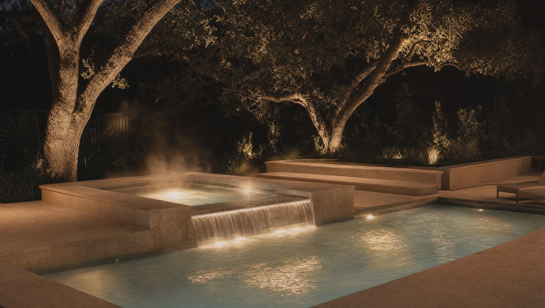 Night Garden · Heated to steam on winter mornings. The oaks are lit; the water is quiet.